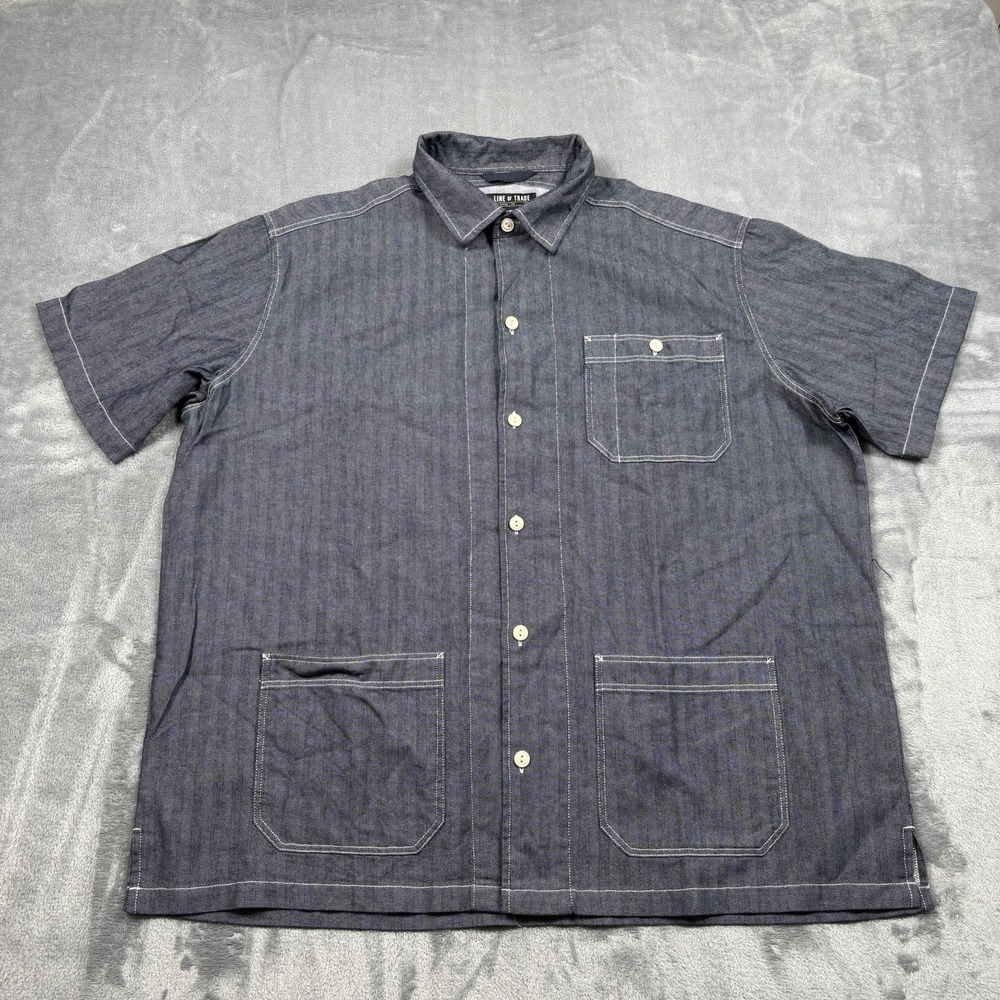 Line Of Trade Shirt Mens 2XL Blue Herringbone Short Sleeve Button Up Workwear